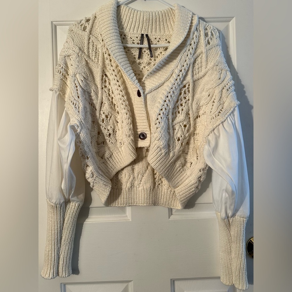 ANTHROPOLOGIE S Romantic Fisherman Poet Sleeve Crop Cable Knit Bohemian Sweater - Picture 4 of 16